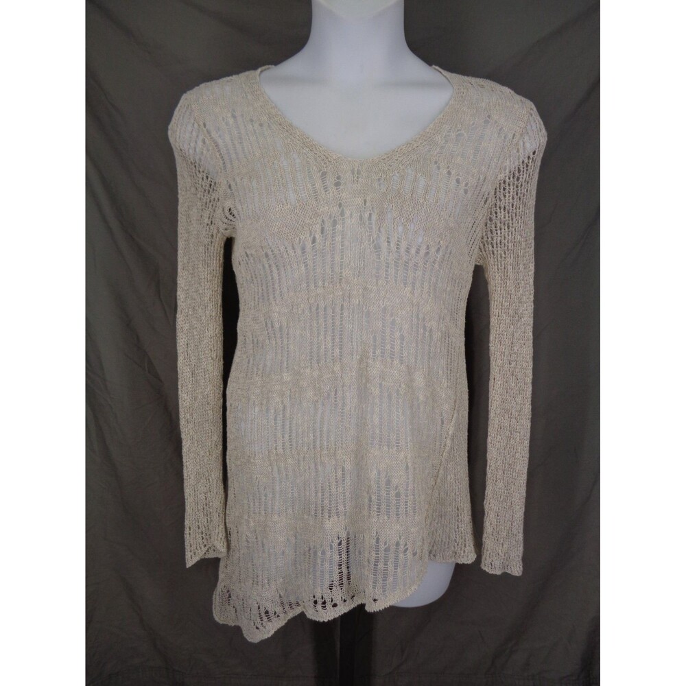 Eileen Fisher Beige Open Knit Linen Blend Asymmetric Tunic Sweater Size Medium